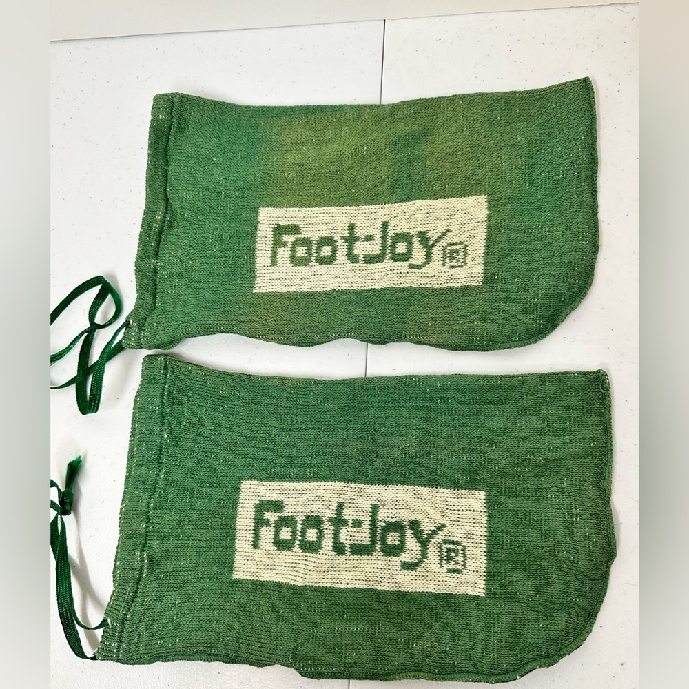 FootJoy Vintage Golf shoe covers, green and white. Shown with size 9 FootJoy. - Picture 4 of 8